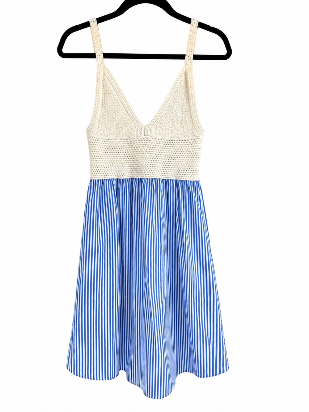 KULE Cream Crochet Bodice Blue Striped Mini Dress, size S